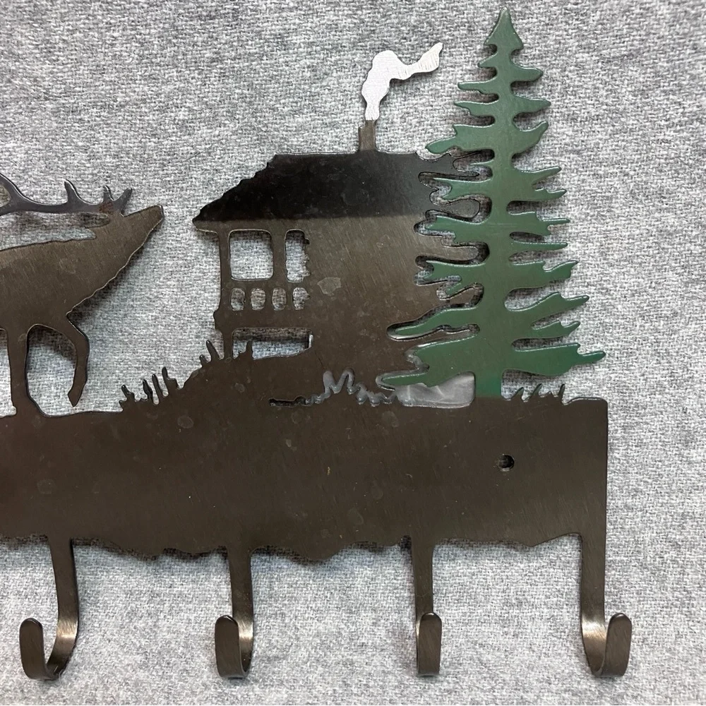 Elk Deer Woodland Metal Art Hanging Coat Hooks Hat Rack Key Holder Signed Cabin
